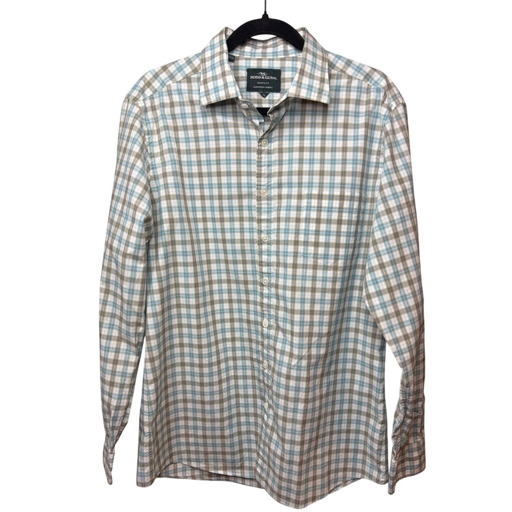 Rodd & Gunn Mens Large Blue Brown Plaid Sports Fit Cotton Button Down Shirt L